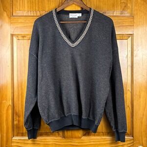 Vintage St. Croix Knits 100% Cotton‎ V-Neck Patterned Collar Sweater Lg USA Made